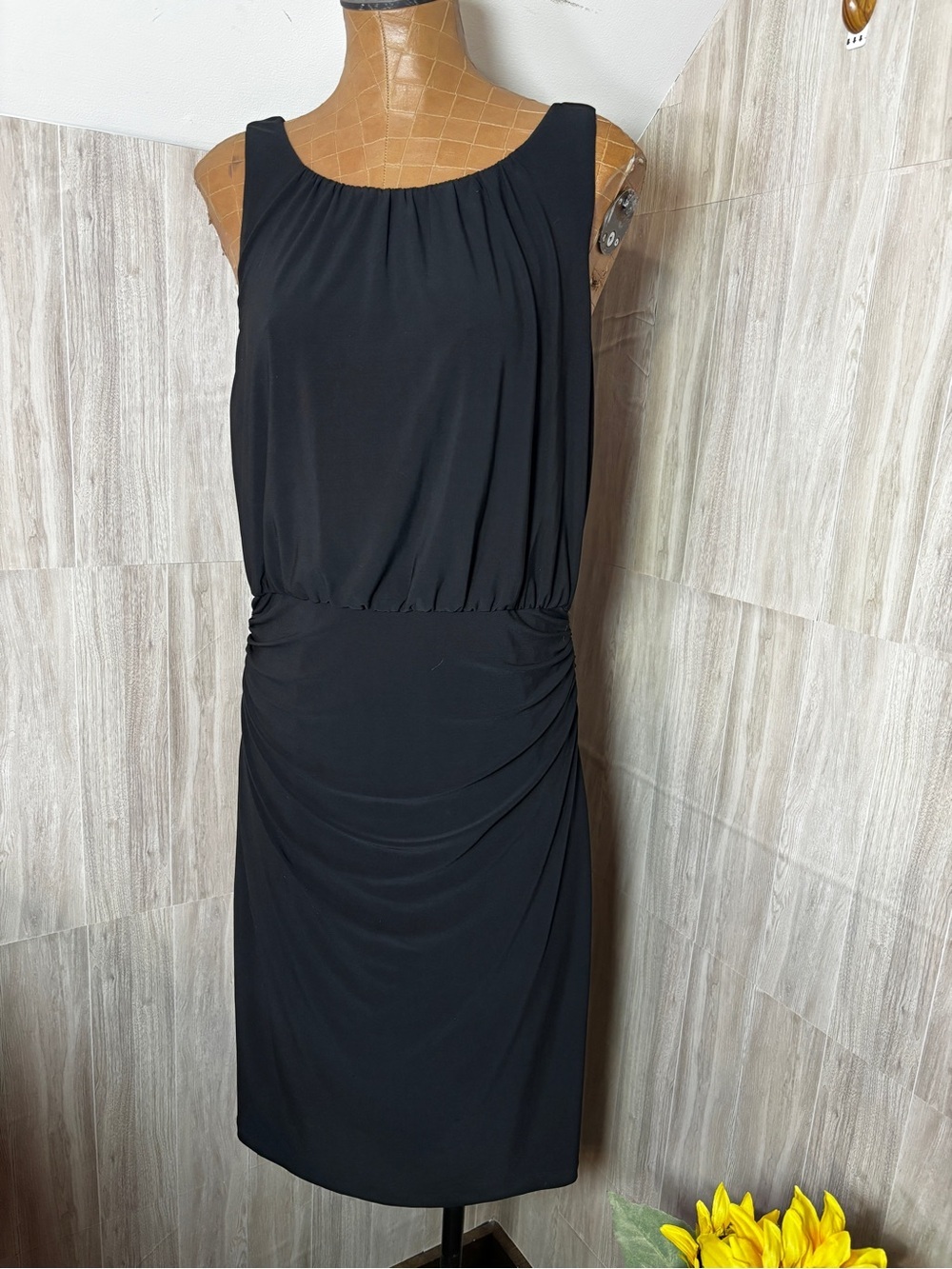 Lauren Ralph Lauren Black Matte Sleeveless Gathered Waist Midi Dress